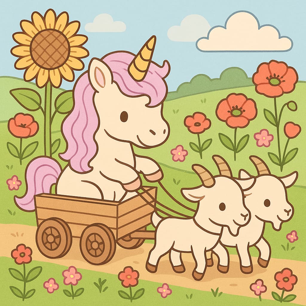 Image de coloriage d'une aventure champêtre avec des chèvres et des fleurs