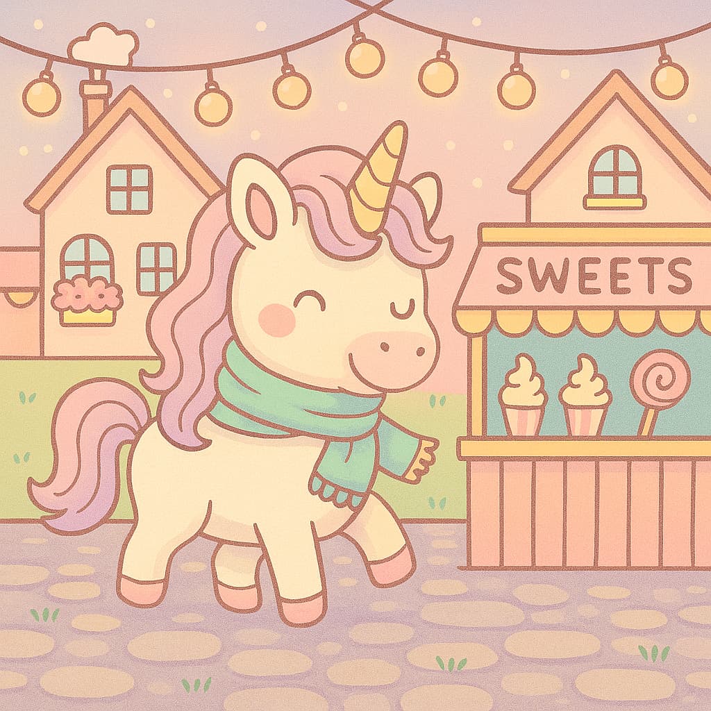 Idée de coloriage de marché du soir avec stand de bonbons et lumières