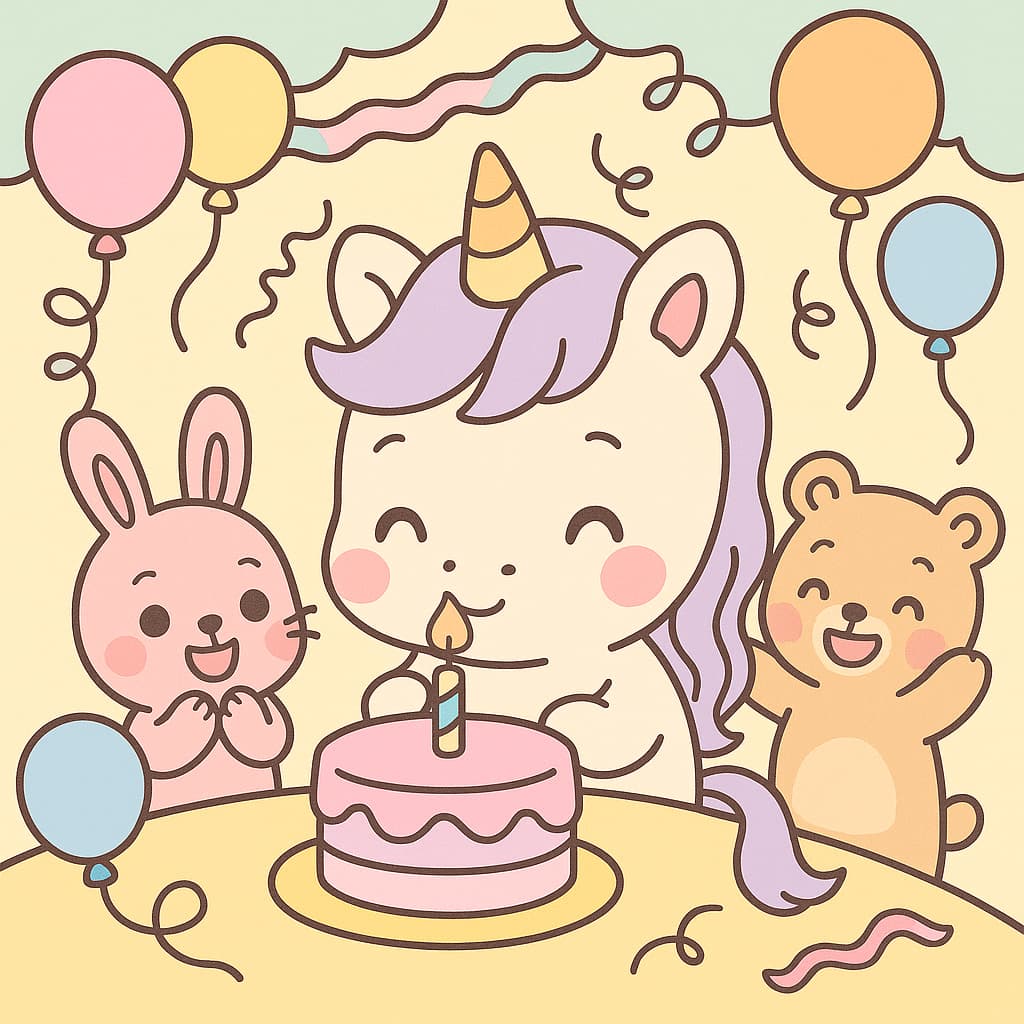 Idée de coloriage : licorne joyeuse avec gâteau, lapin et ours