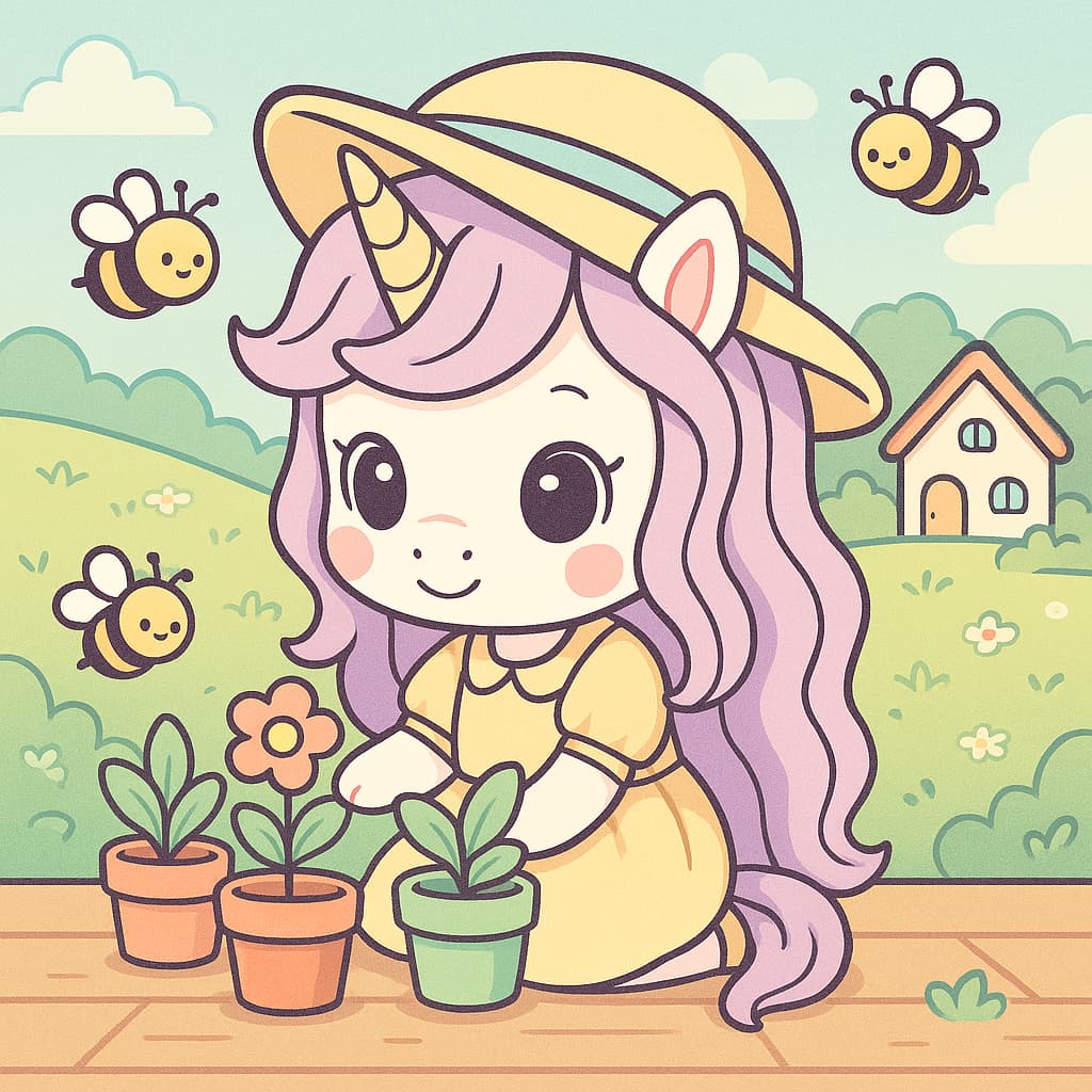 Image de coloriage d'une journée de jardinage avec pots, abeilles et vue sur le porche