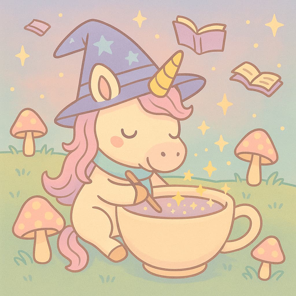 Image de coloriage d'une scène magique avec une tasse de thé et des livres flottants