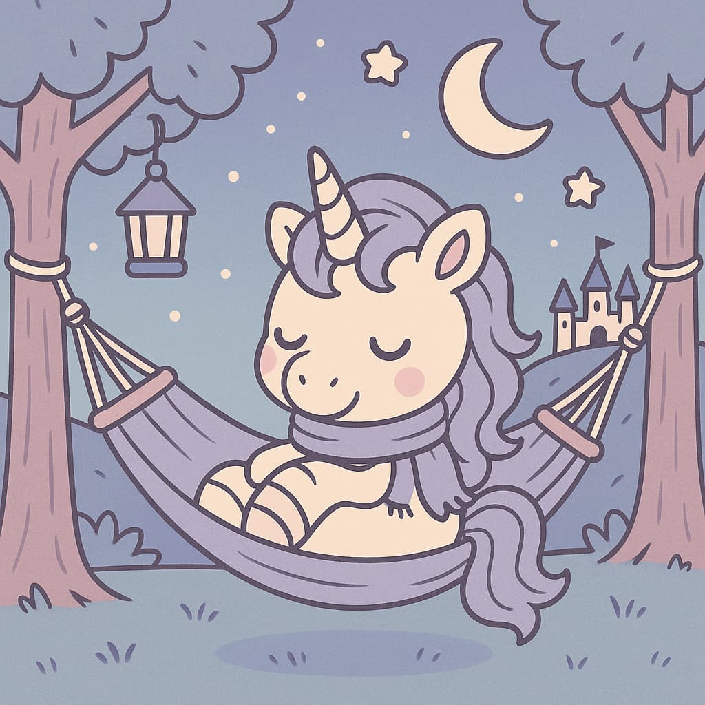 Image de coloriage pour le coucher avec parc, lune, étoiles et hamac