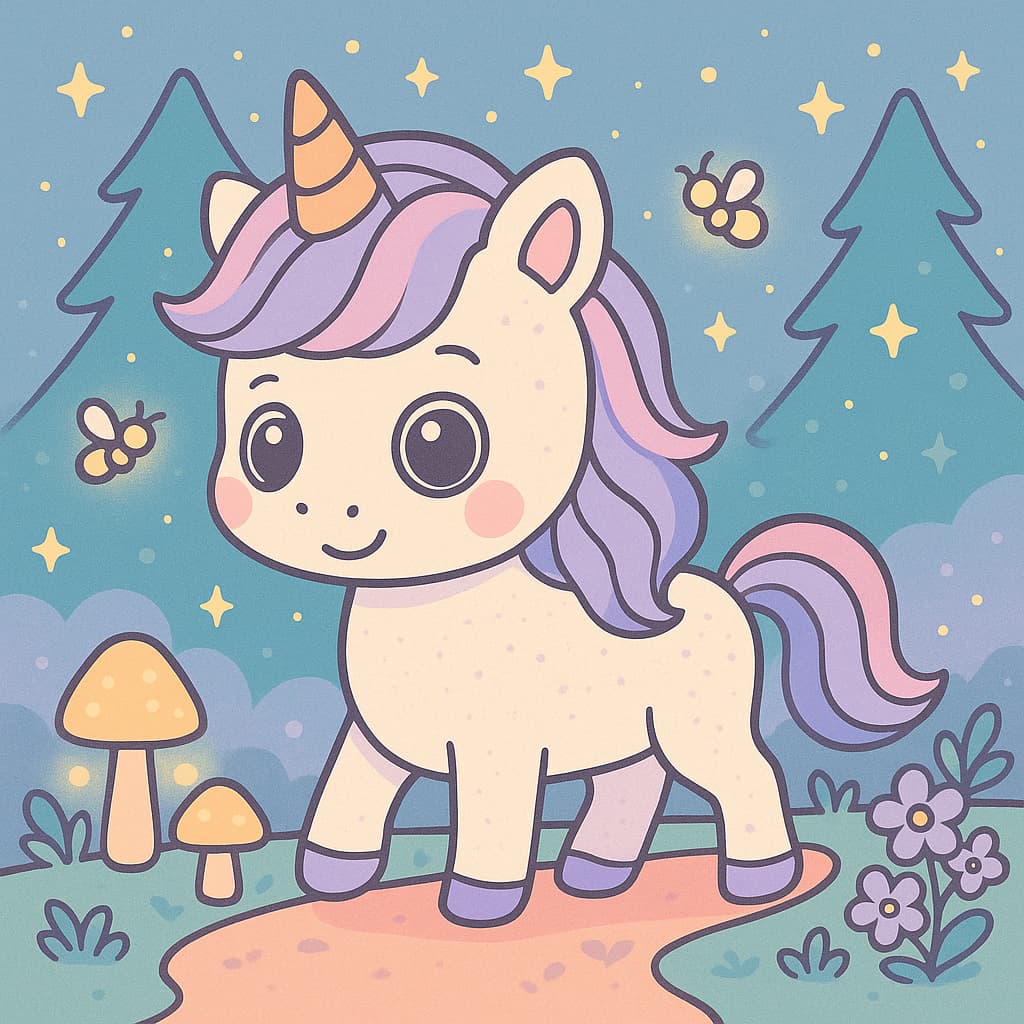Idée de coloriage d'une licorne mignonne marchant sous des étoiles scintillantes