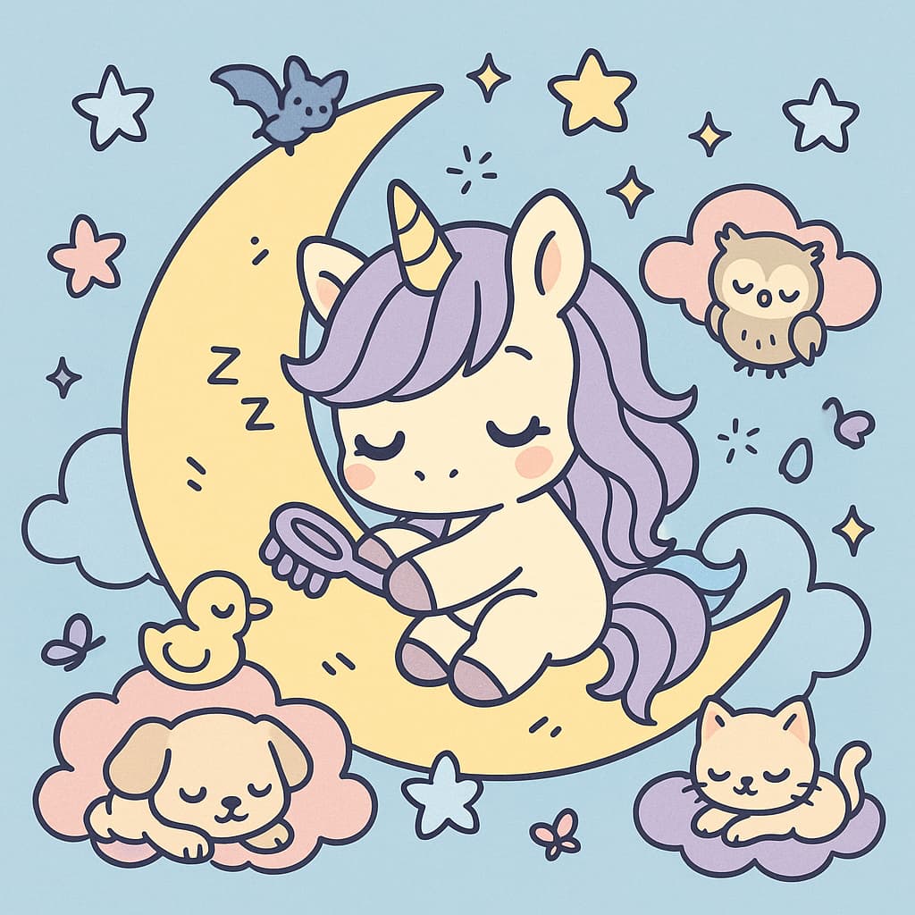 Idée de coloriage d'un licorne endormi sur un croissant de lune