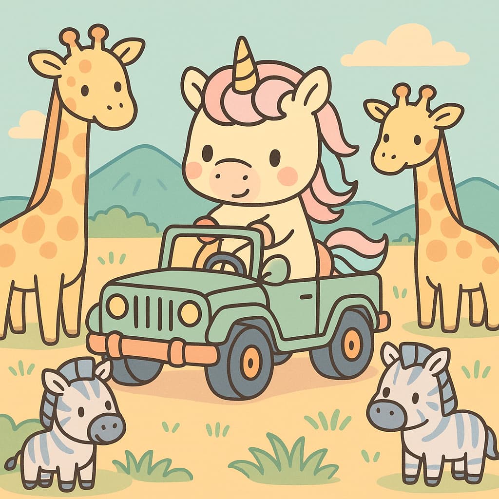 Une licorne au volant d'une jeep en safari, une idée de coloriage ludique
