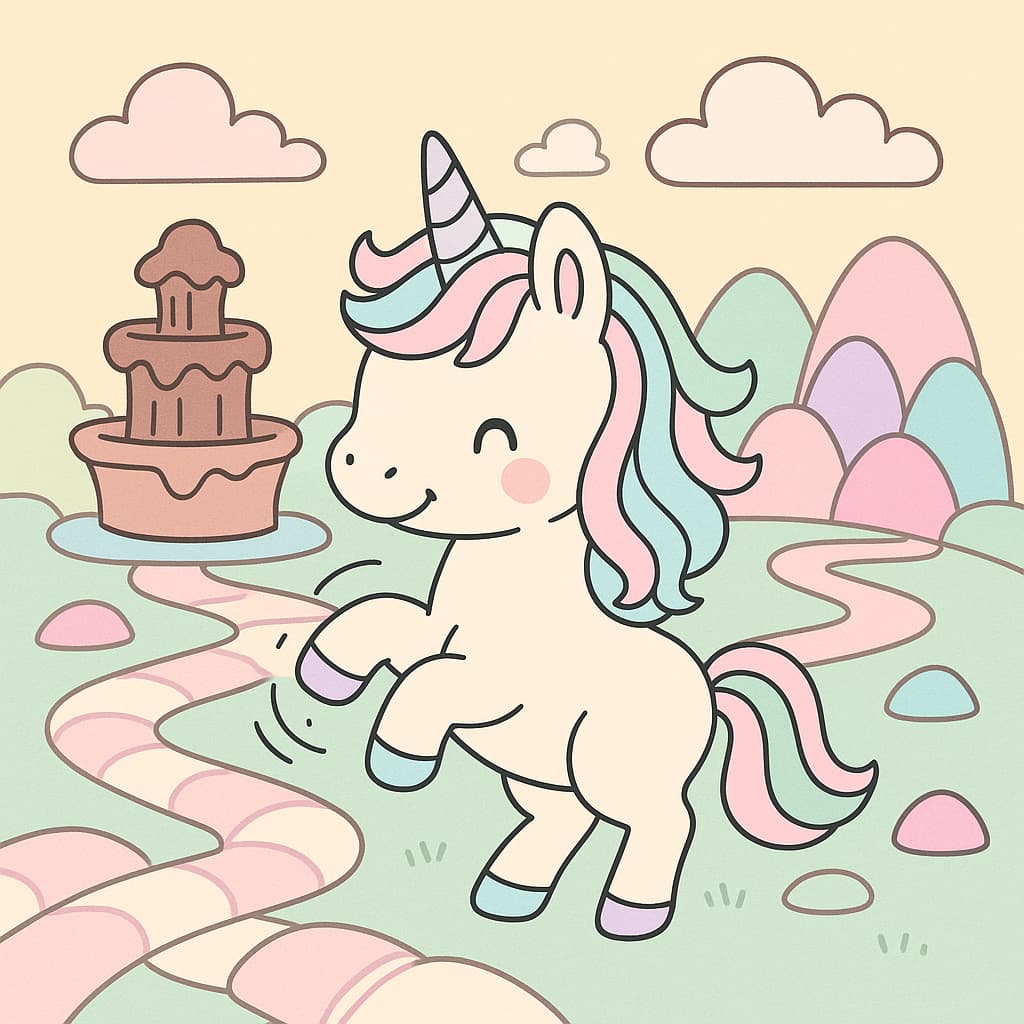 Idée de coloriage d'une licorne dans un monde de bonbons près d'une fontaine de chocolat