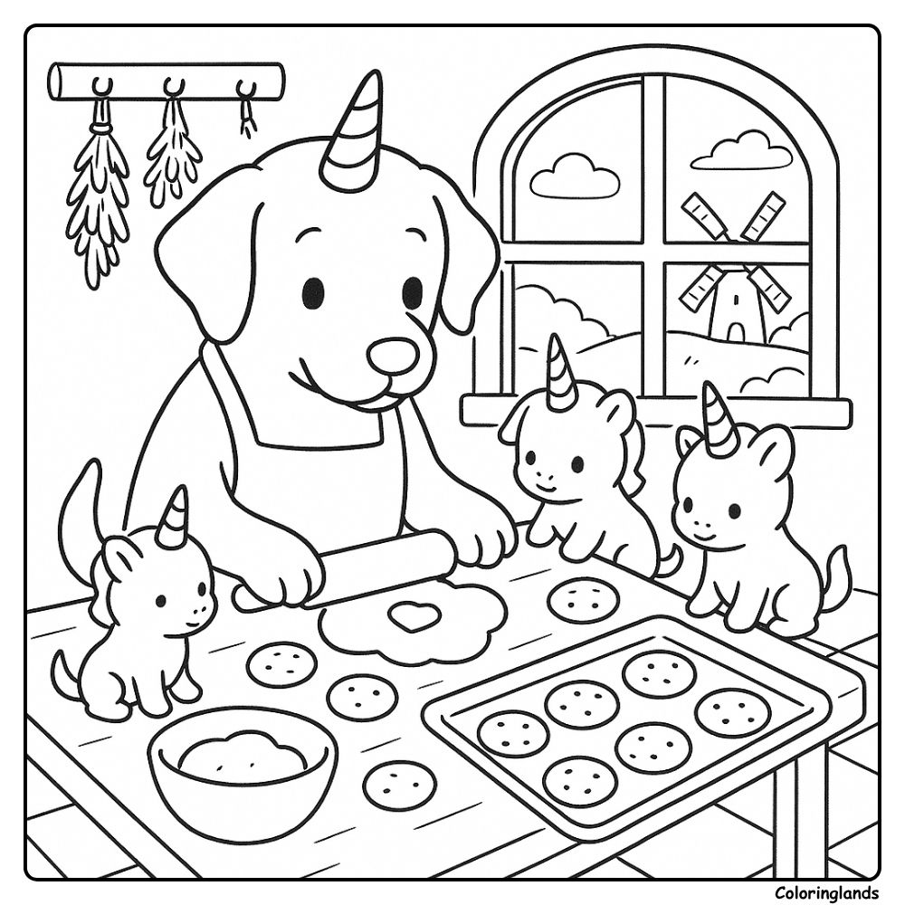 Le grand chiot licorne prépare des douceurs avec des bébés licornes espiègles