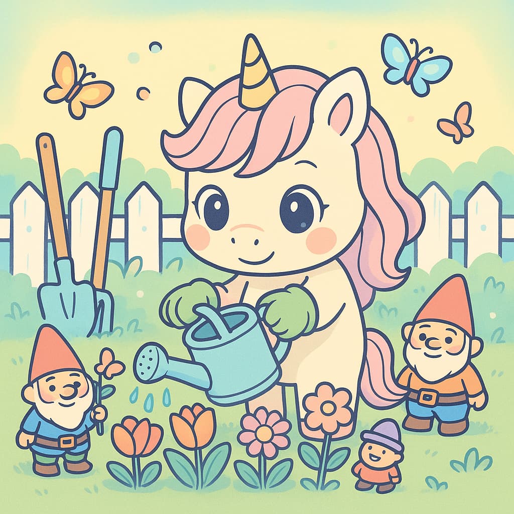 Licorne arrosant des fleurs avec des nains, idée de coloriage mignonne