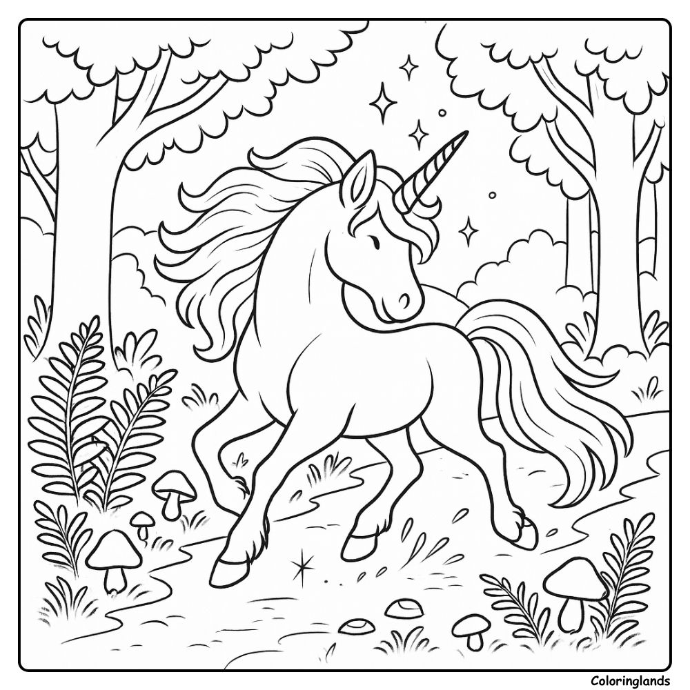 Licorne cabriolant sur un chemin boisé avec des champignons et des étoiles