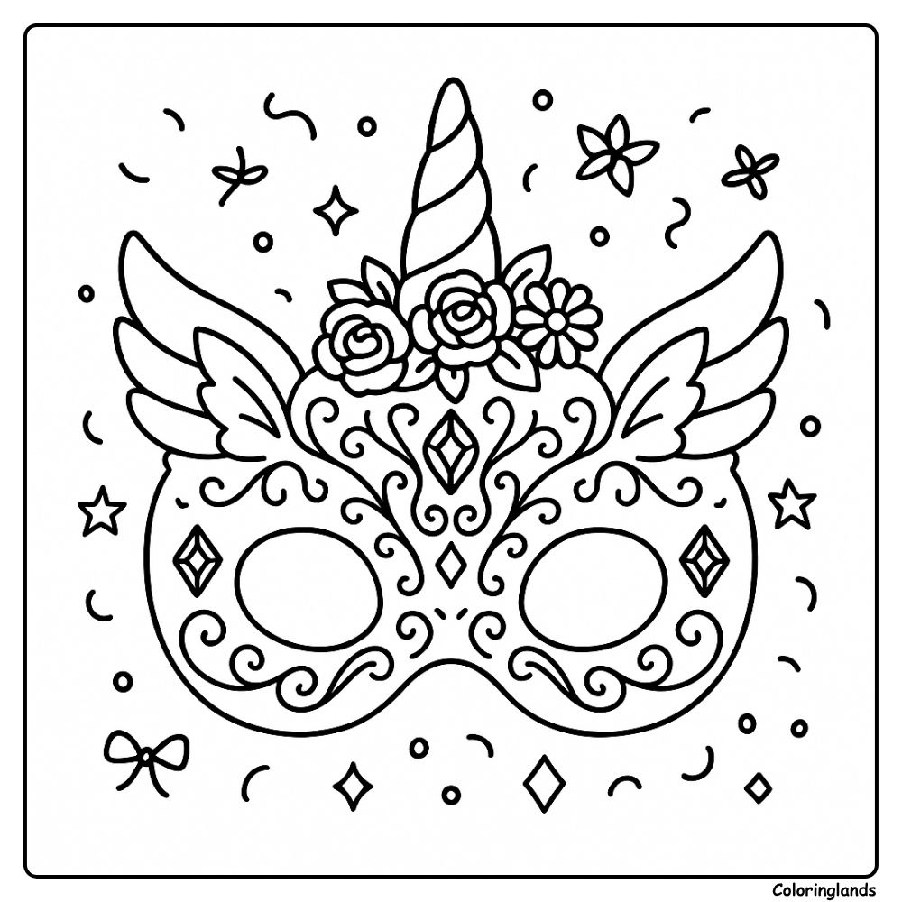 Image imprimable de masque de licorne ailée à colorier avec des roses