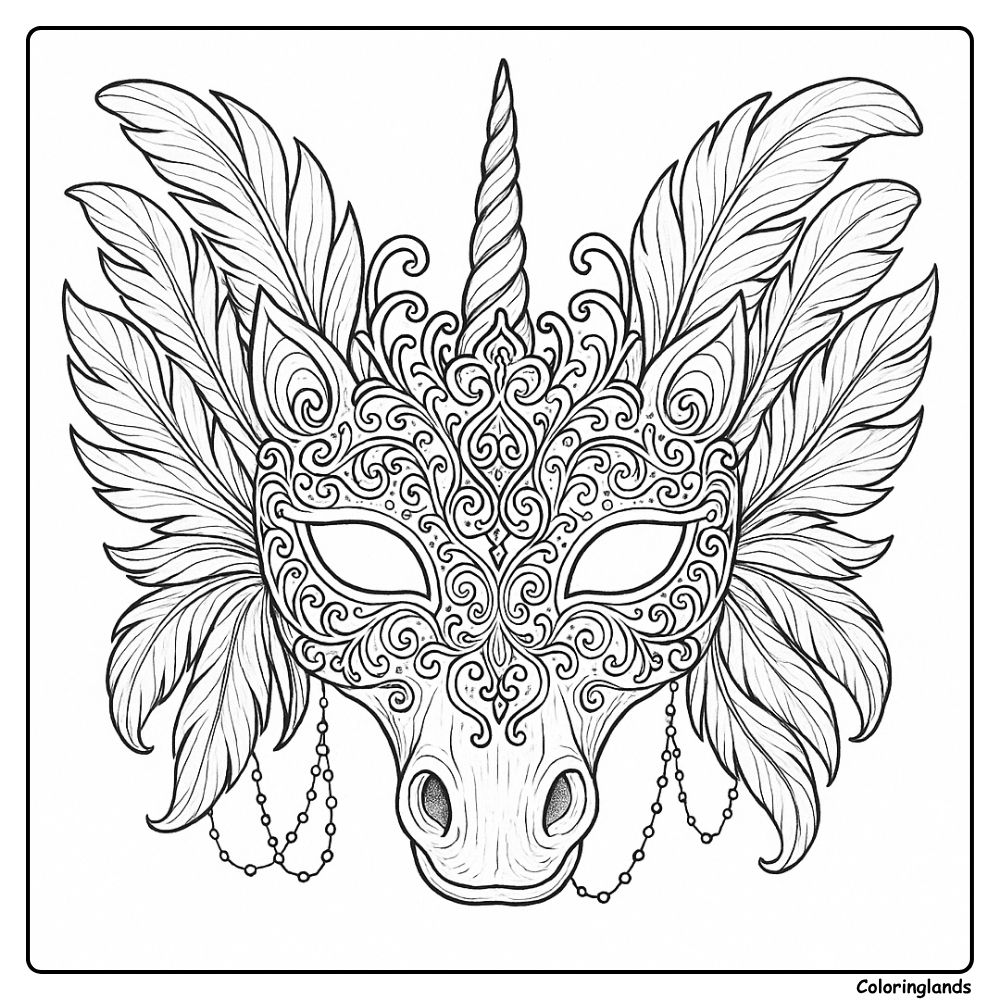 Dessin détaillé de masque de licorne pour masquerade à imprimer