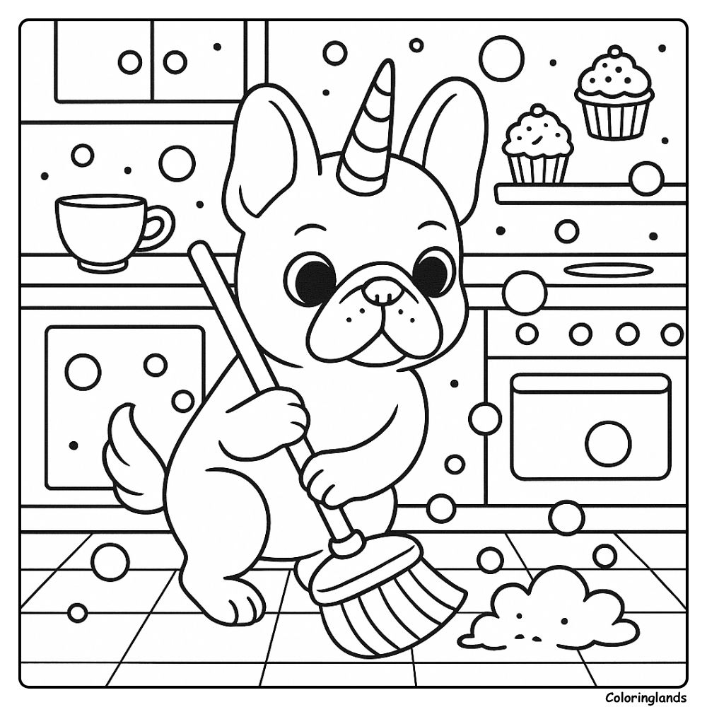 Bouledogue français qui passe la serpillière dans une cuisine - image à colorier