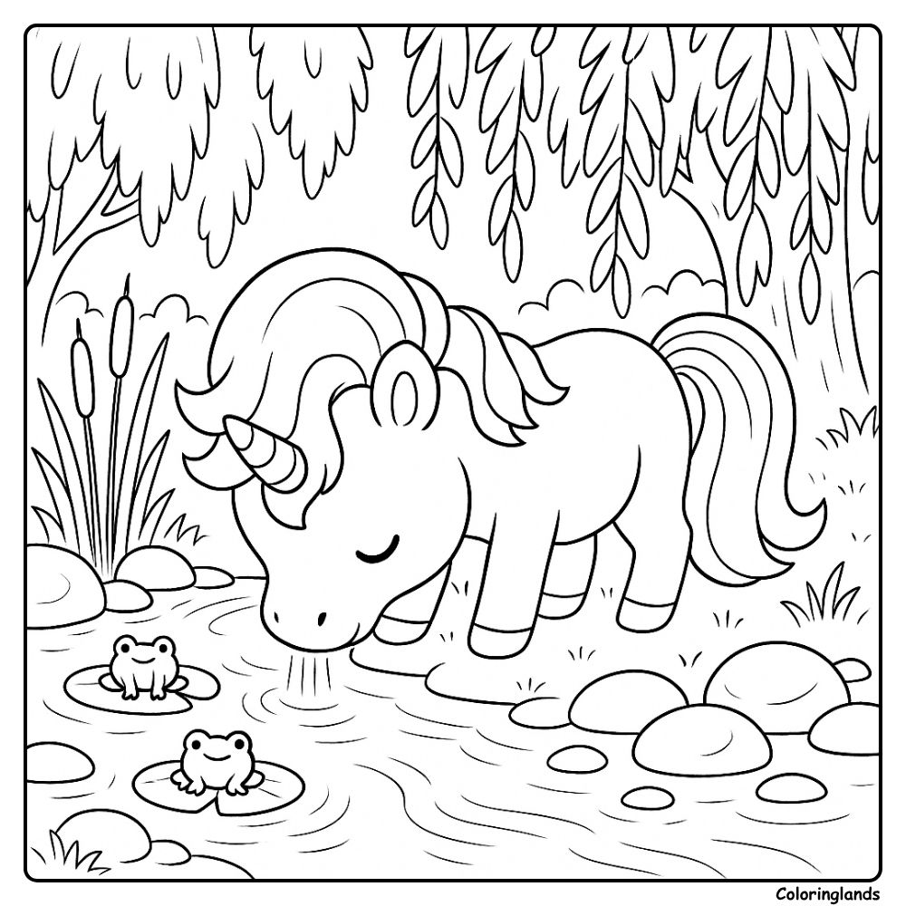 Douce licorne au bord du ruisseau sous un saule avec des grenouilles amicales