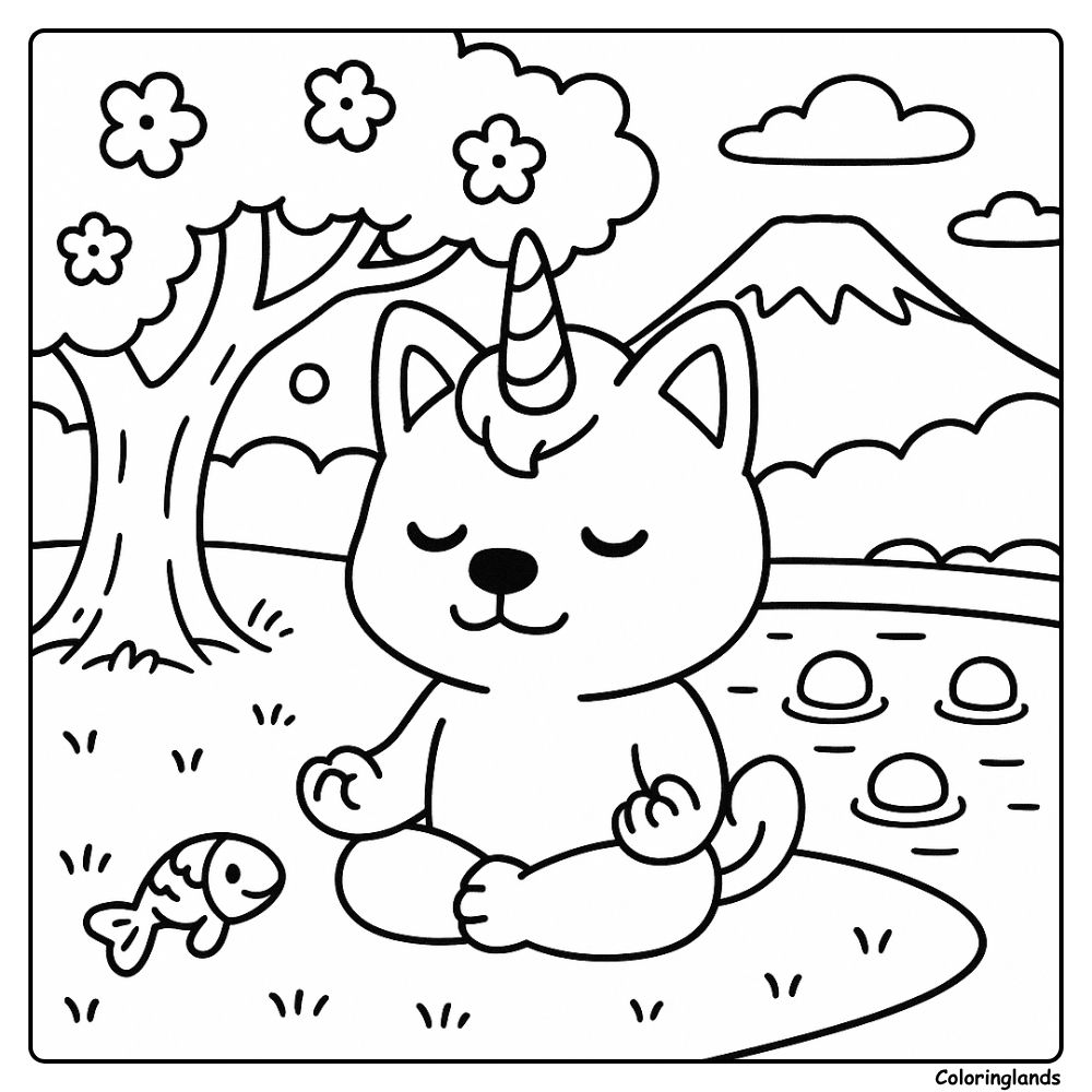 Chiot licorne serein méditant au bord d'un lac en dessin au trait