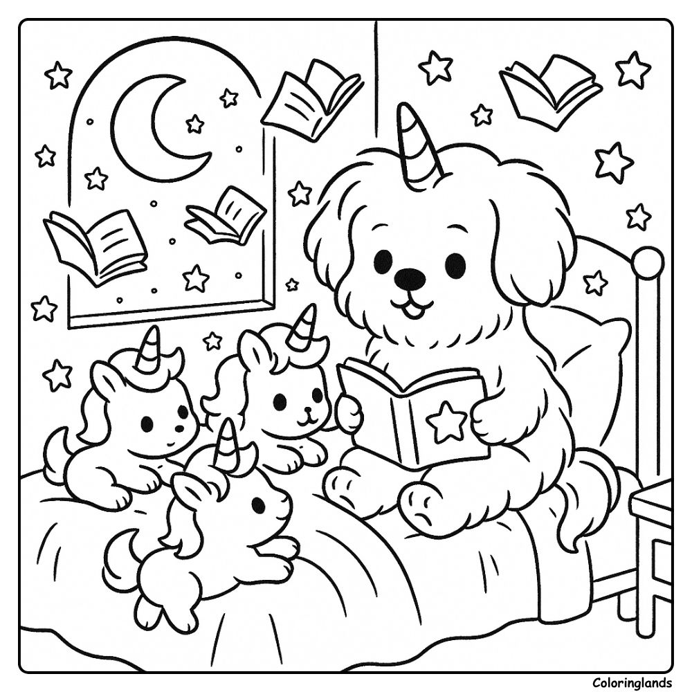 Un chiot licorne douillet lit à ses petits amis sous les étoiles