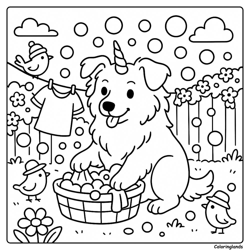 Chiot licorne avec du linge frais sous un ciel ensoleillé de jardin