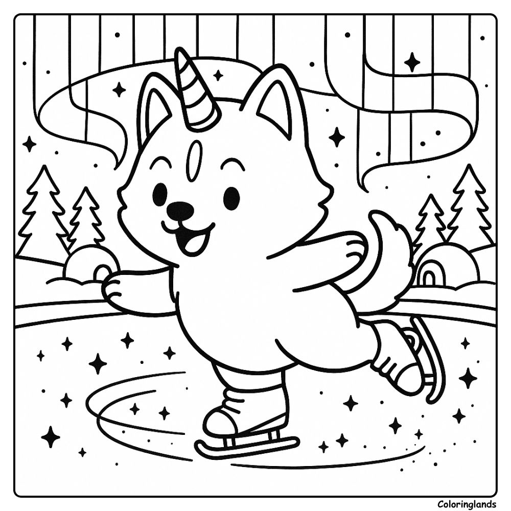 Chiot à corne patinant sous une aurore boréale, image en ligne