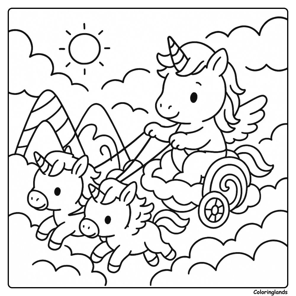 Une licorne ailée guide deux poulains tirant un char nuageux