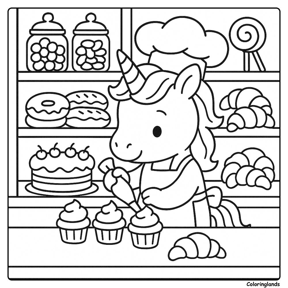 Une licorne pâtissière décore des cupcakes entourée de douceurs sucrées