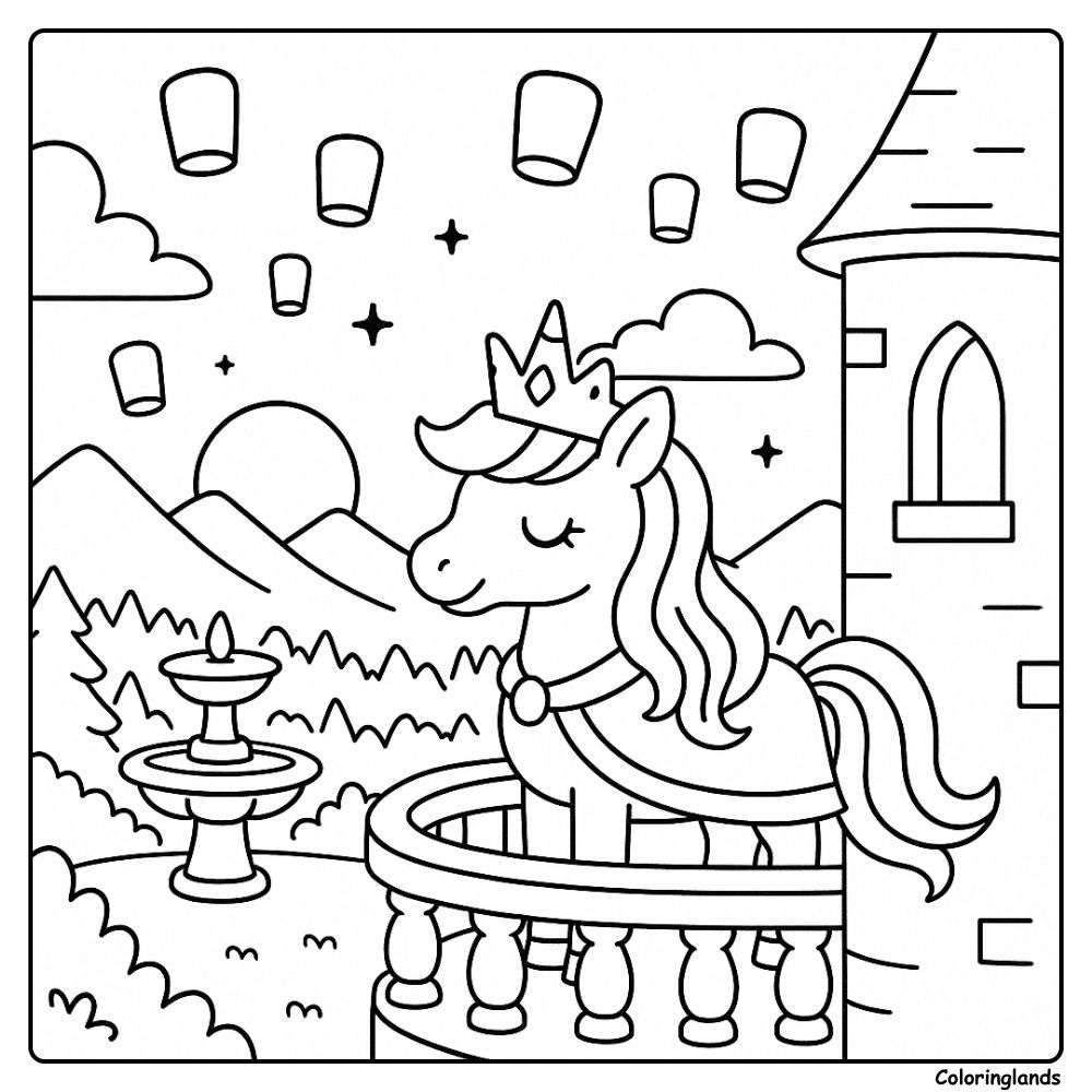 Licorne royale sur le balcon de la tour, image de coloriage à imprimer