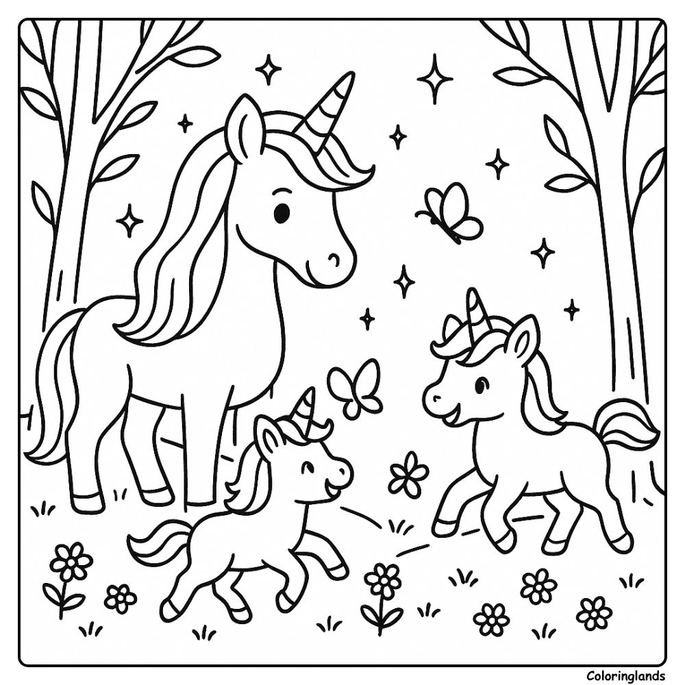 Parent avec deux poulains gambadant parmi les étoiles et les arbres