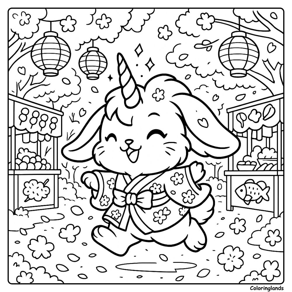 Lapin licorne en kimono de festival file devant les étals de lanternes
