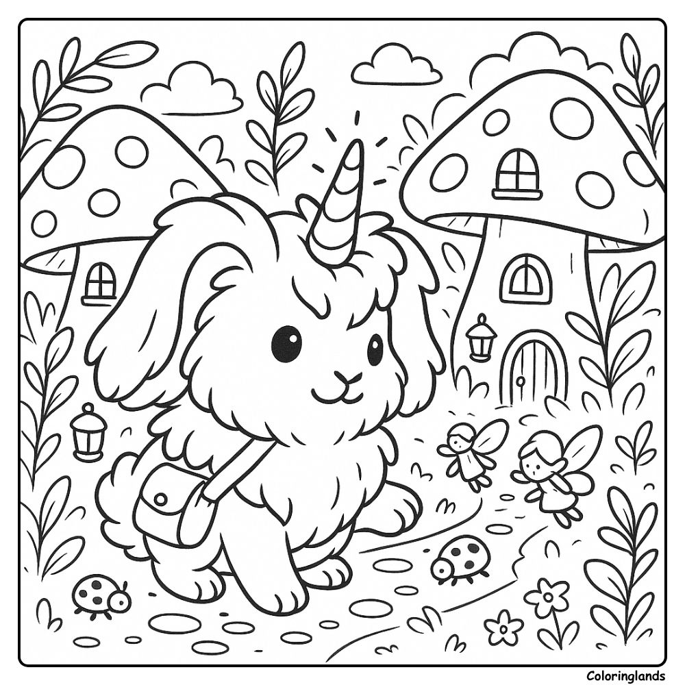 Adorable lapin licorne avec sacoche près de minuscules maisons de fées