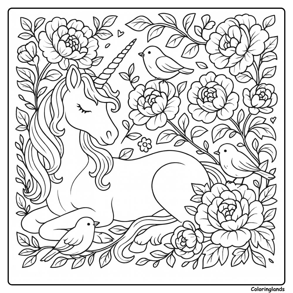 Licorne reposant parmi des pivoines avec trois oiseaux chanteurs