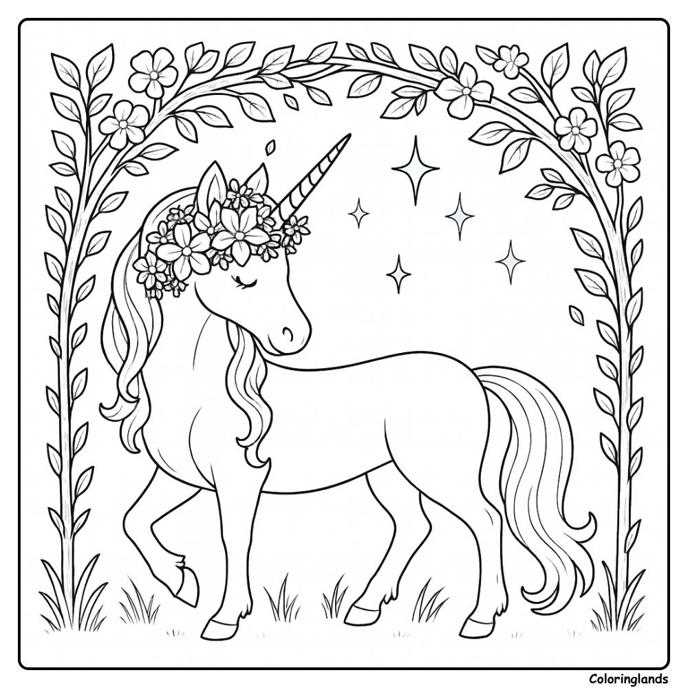 Licorne sous une arche florale avec couronne et étoiles scintillantes