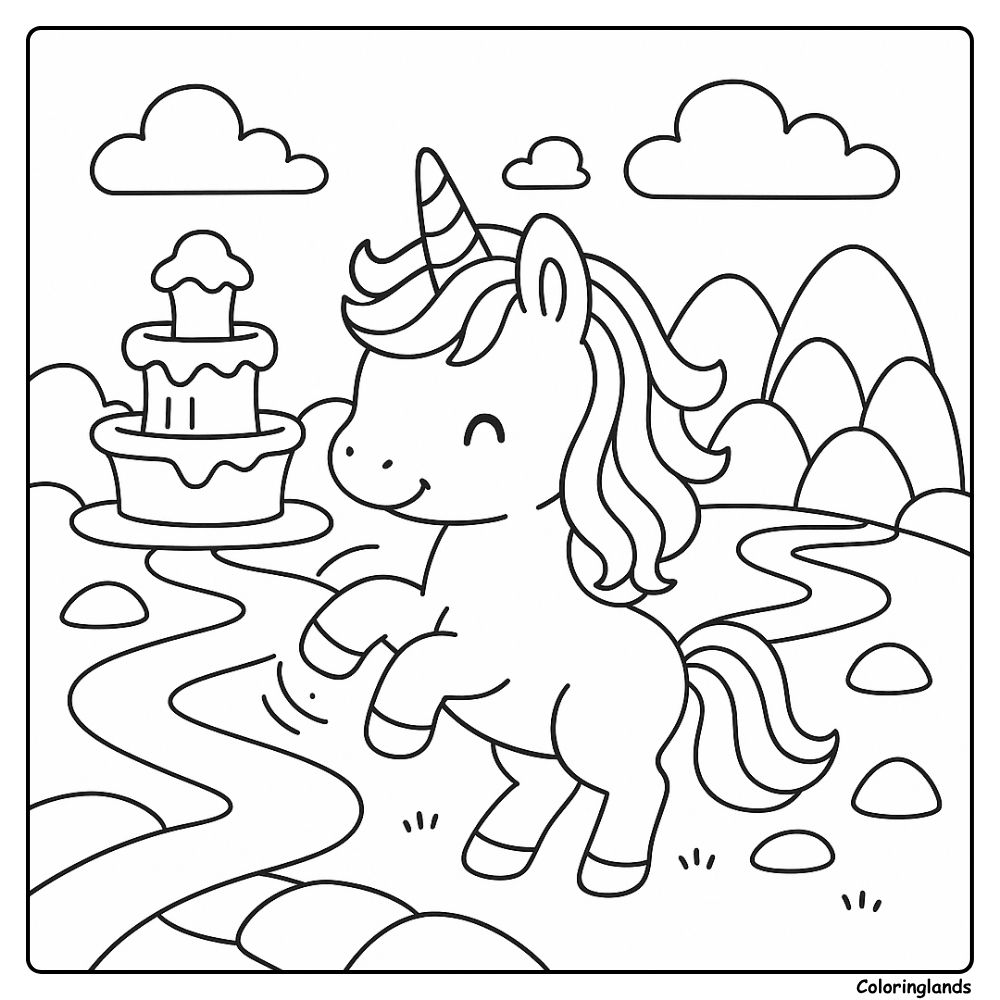 Feuille de coloriage imprimable : Licorne au pays des sucreries avec fontaine