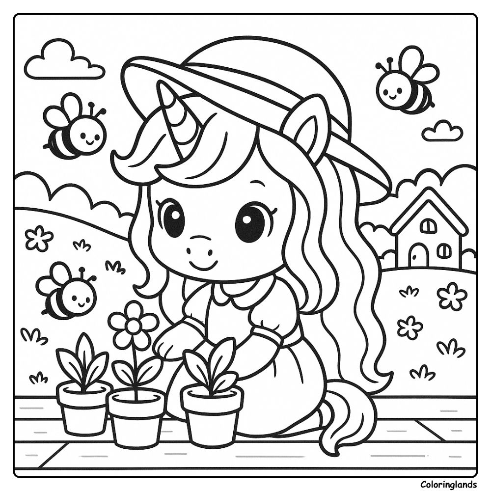 La licorne jardinière plante des pousses tandis que les abeilles bourdonnent autour