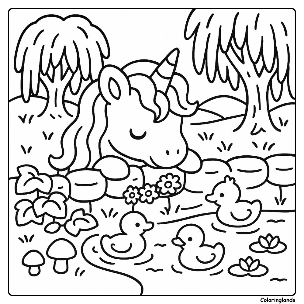 Licorne près de l'eau avec des canetons et des nénuphars, image à colorier