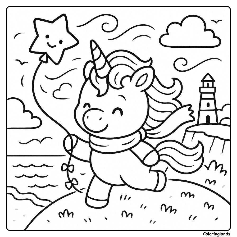 La licorne court au bord de la mer tandis qu'un phare veille au loin