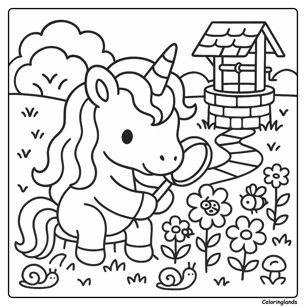 Licorne observe les fleurs près d'un puits à souhaits avec des insectes du jardin