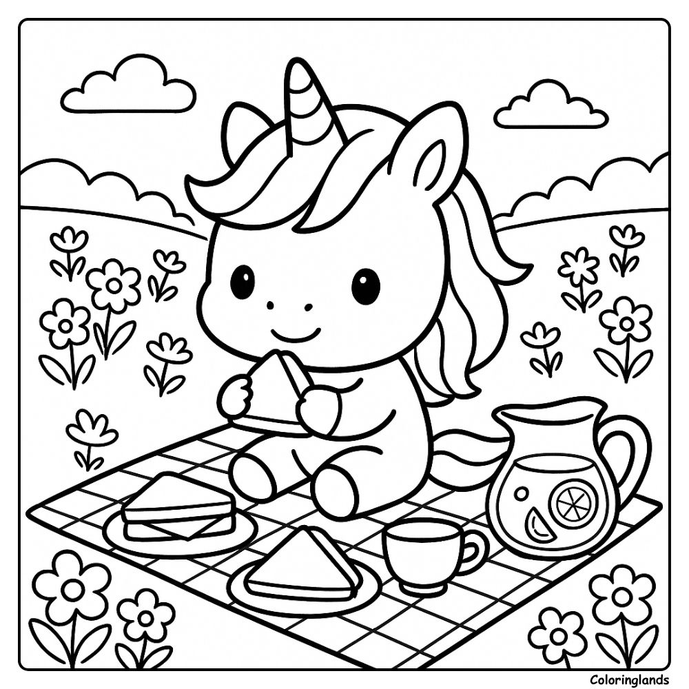 Image à imprimer de coloriage : pique-nique de licorne avec des fleurs