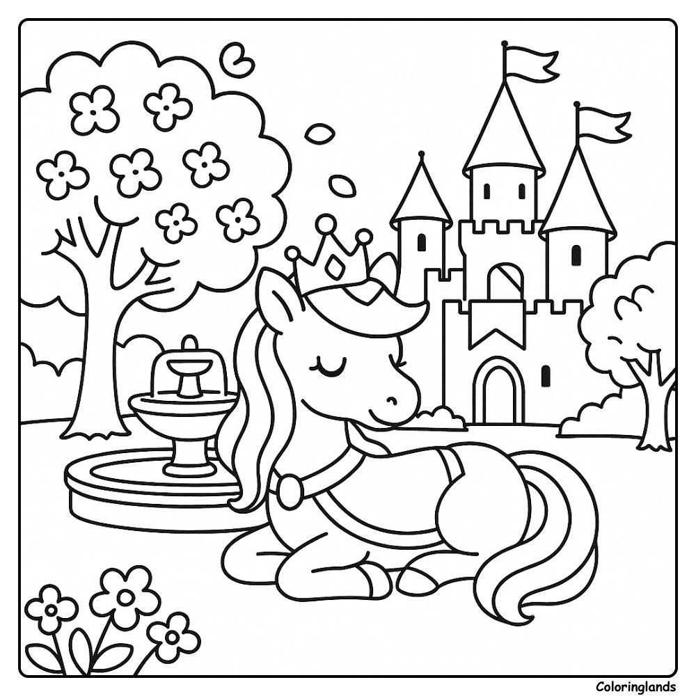 Licorne reposant près de la fontaine et du château, image à colorier