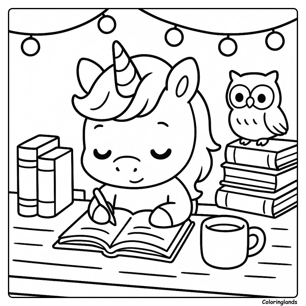Adorable licorne écrivant dans un carnet avec une feuille de coloriage de hibou