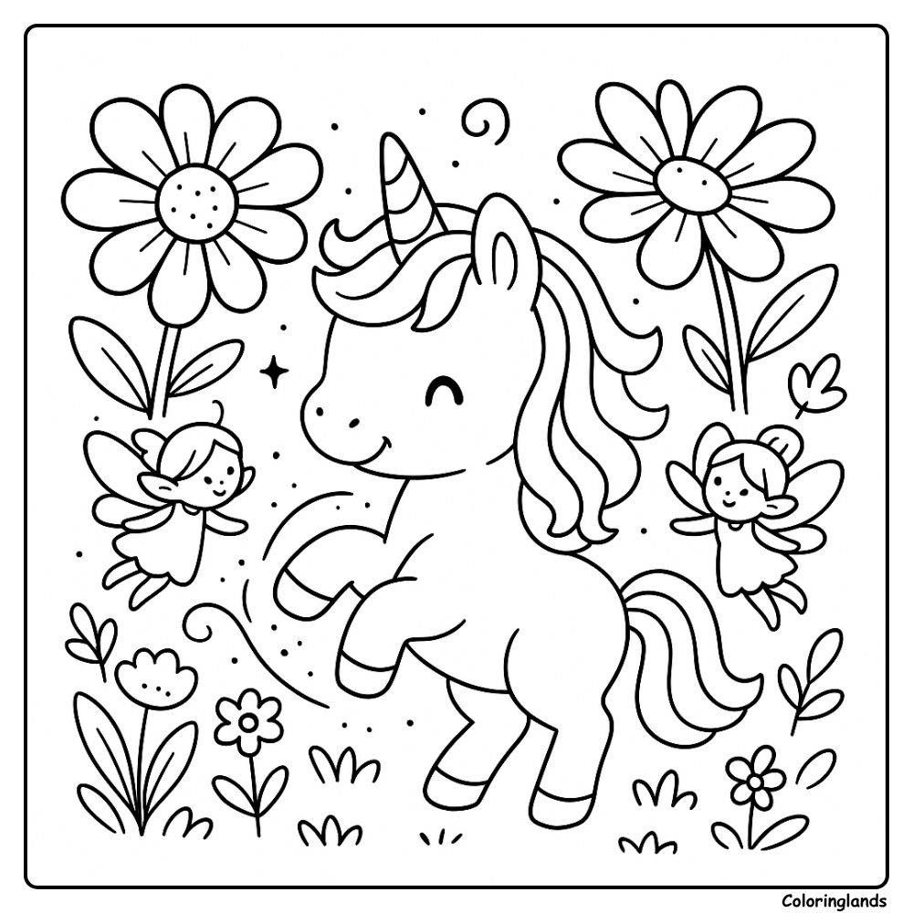 Image de coloriage licorne magique avec fées et fleurs