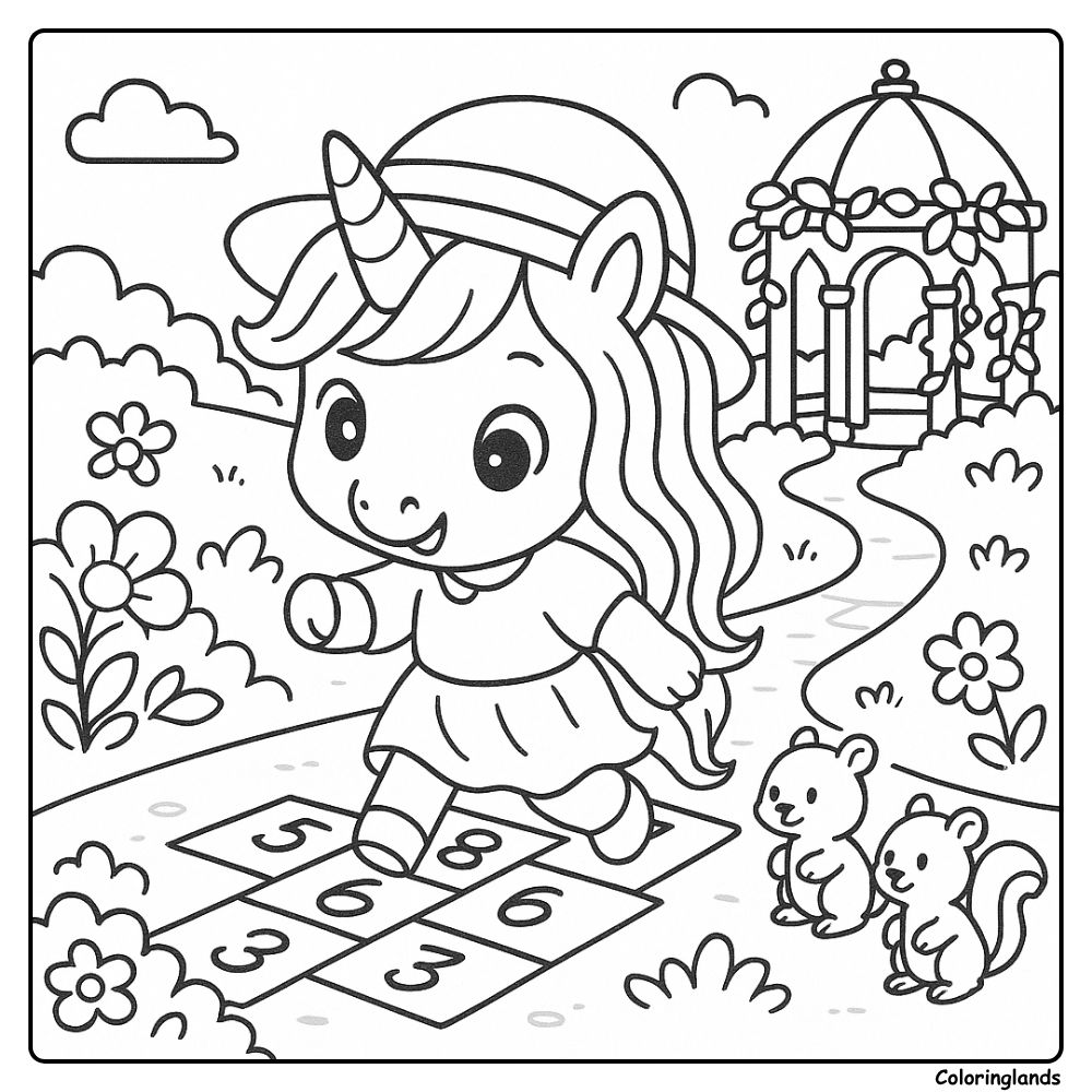 Licorne espiègle sur une marelle près d'un kiosque, dessin au trait