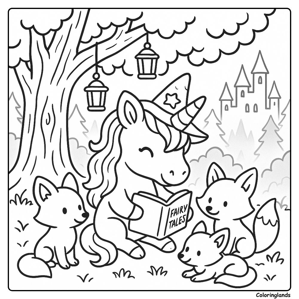 Licorne avec un chapeau de sorcier lisant pendant que ses amis renards écoutent