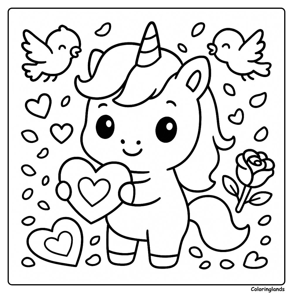 Image de coloriage d'une adorable licorne avec des cœurs et une rose