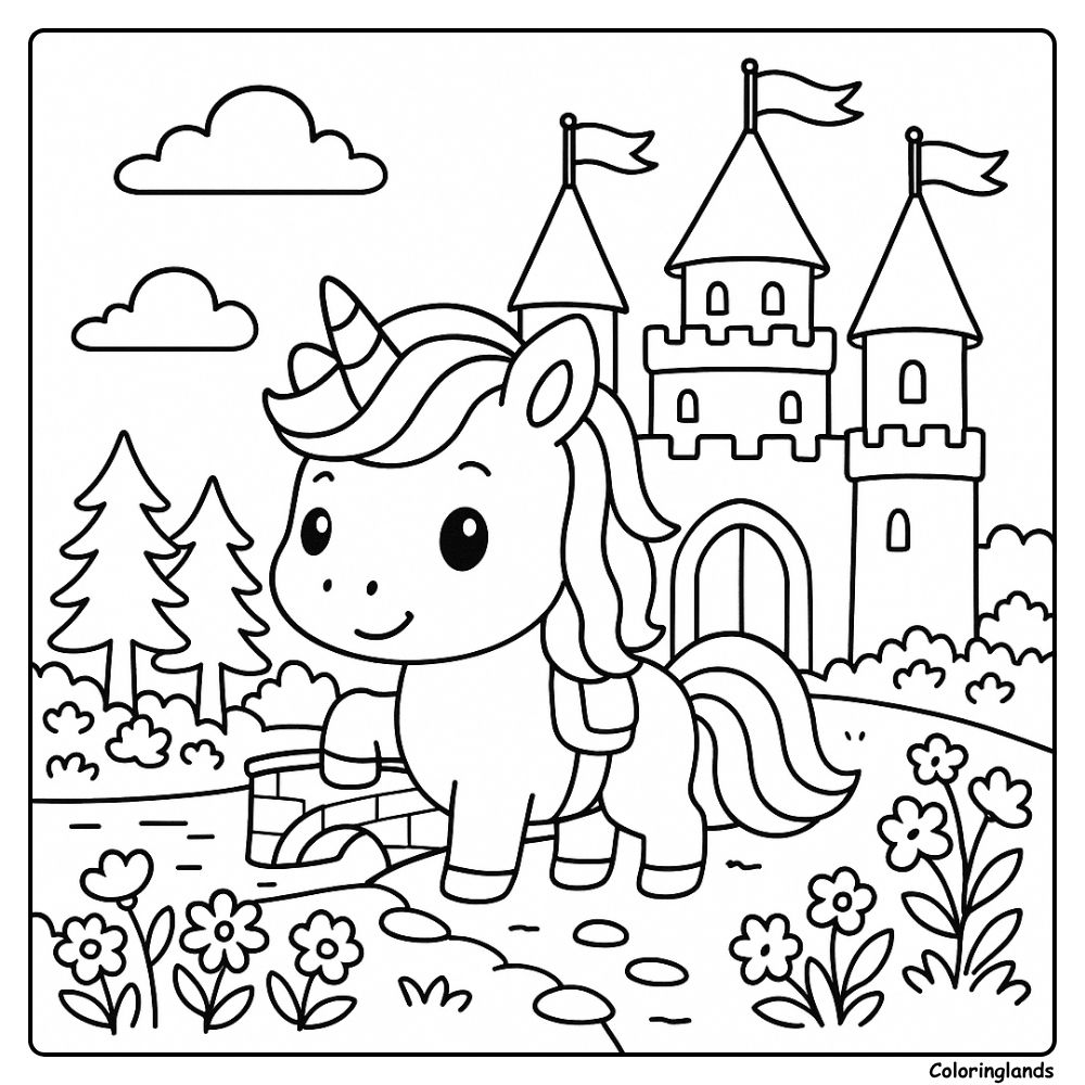 Image de coloriage gratuite de licorne avec un château en arrière-plan