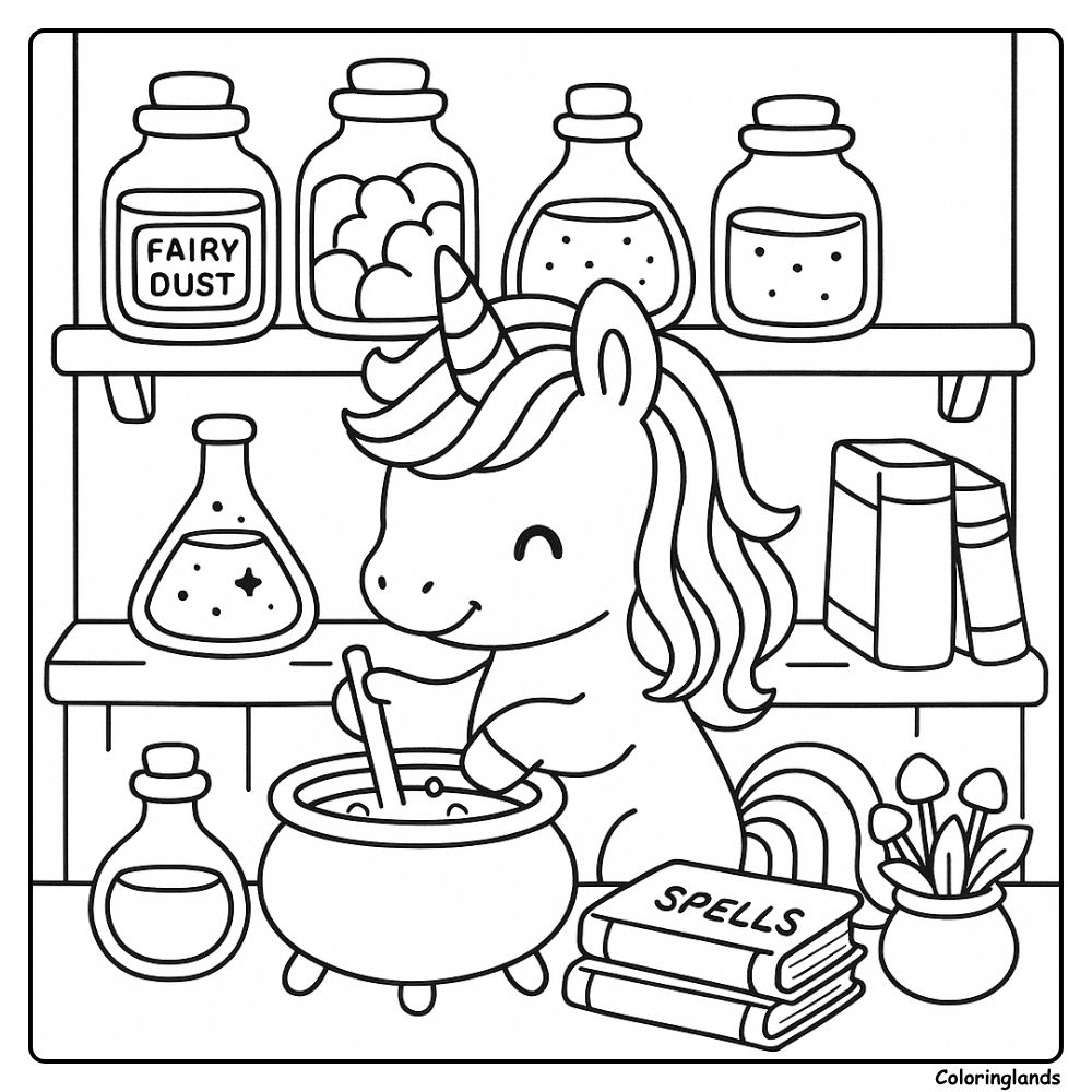 Image à imprimer de licorne mélangeant des potions à colorier