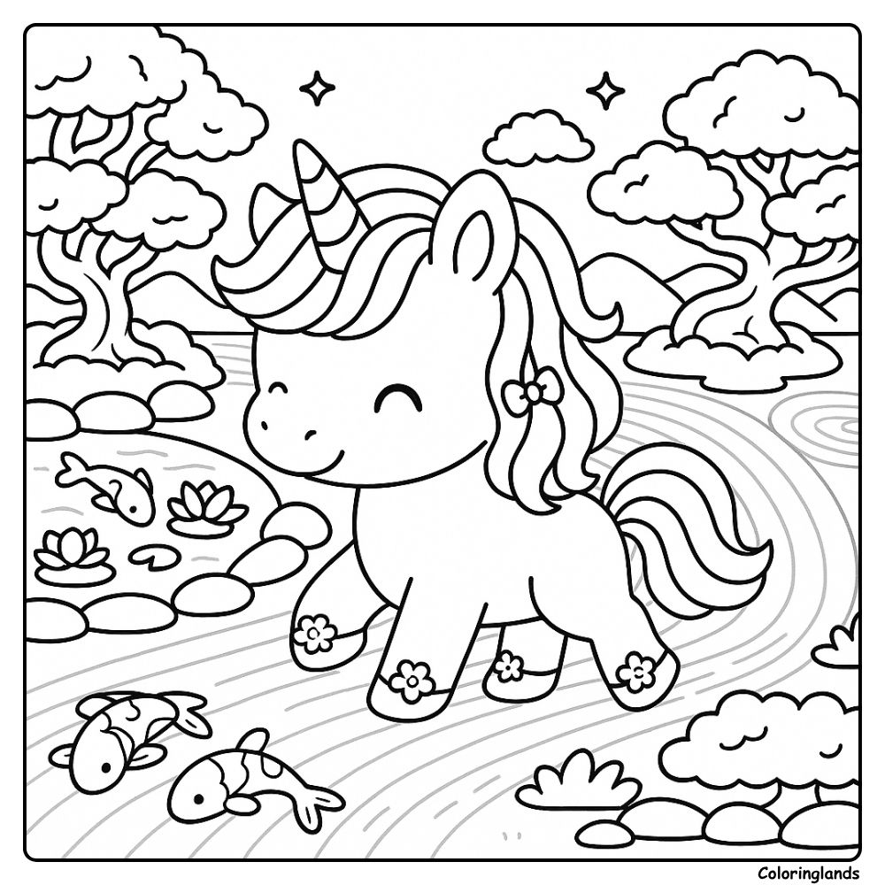 Coloriage gratuit d'une licorne dans un jardin japonais avec des poissons koi