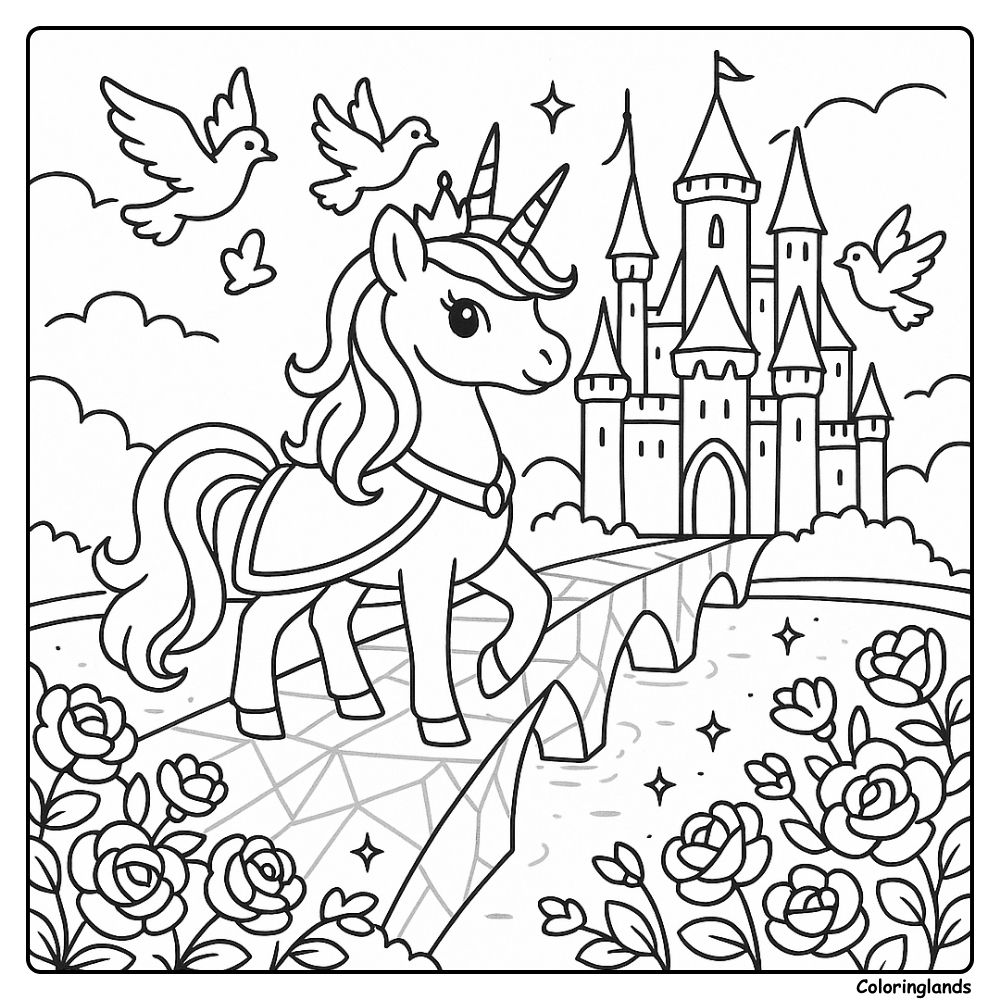 Poney féerique traversant un pont de gemmes, image de coloriage à imprimer