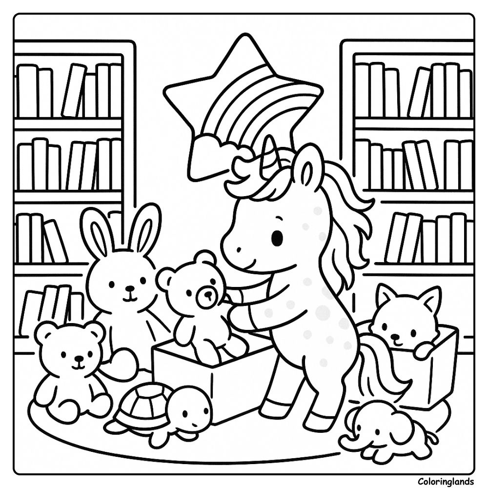 La licorne trie ses amis en peluche sous une étoile arc-en-ciel