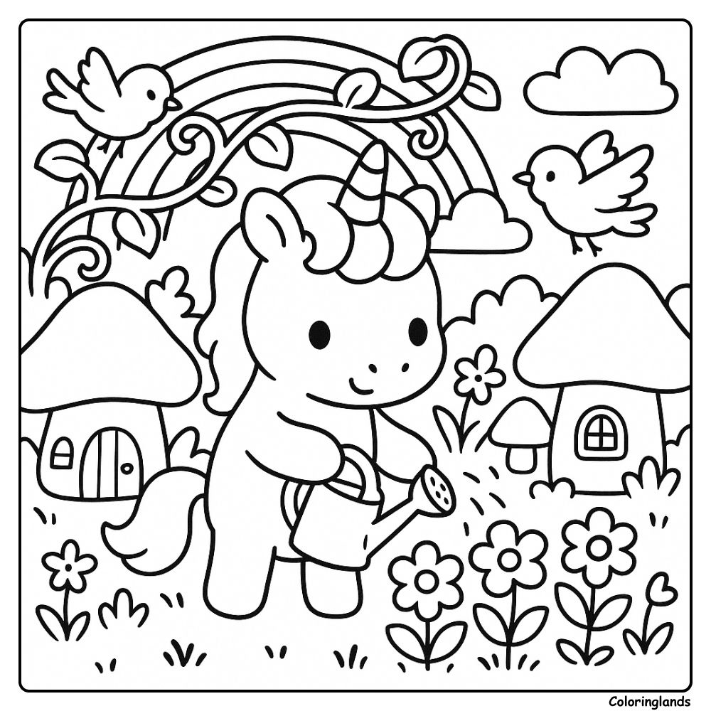 Une licorne arrose les fleurs près de petits cottages et d'oiseaux