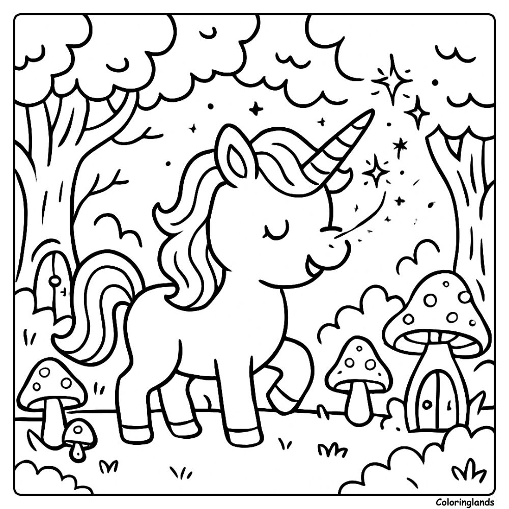 Une licorne se promène parmi des champignons et de petites étoiles brillantes