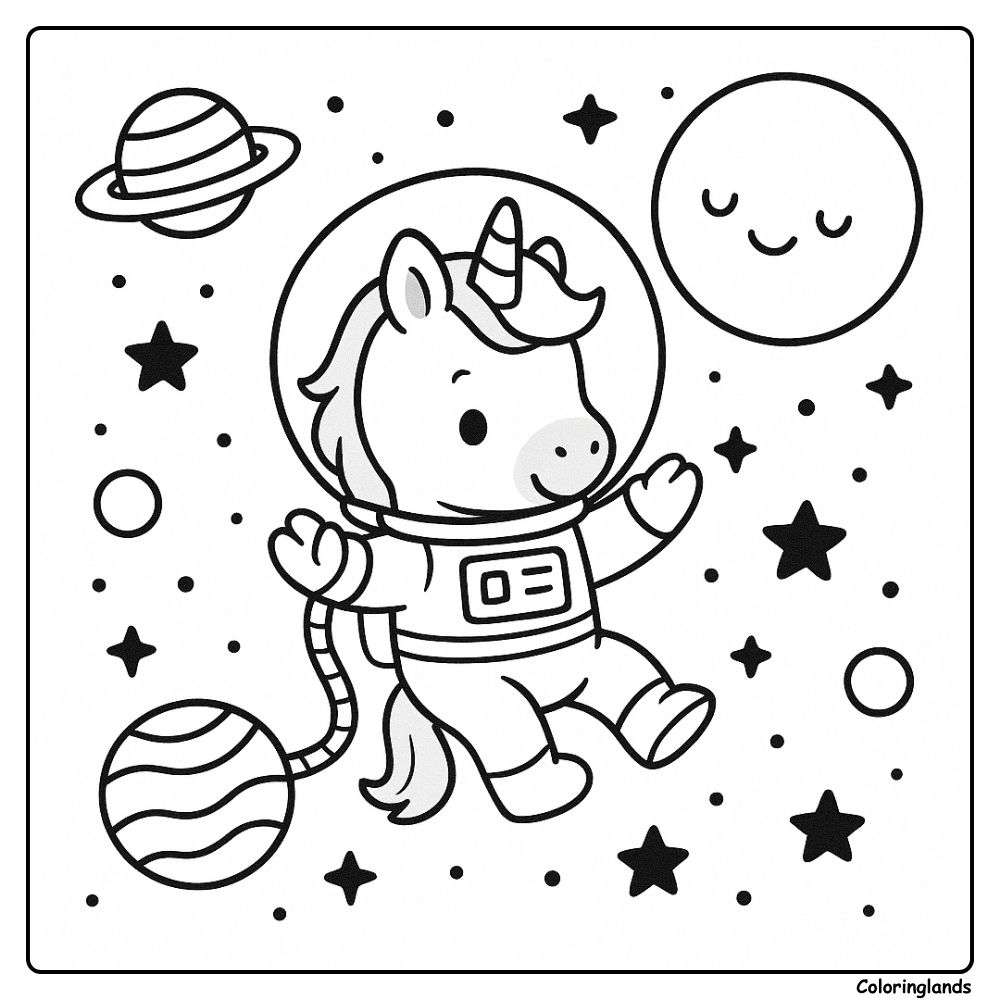 Licorne astronaute flottant près des étoiles et d'une lune souriante
