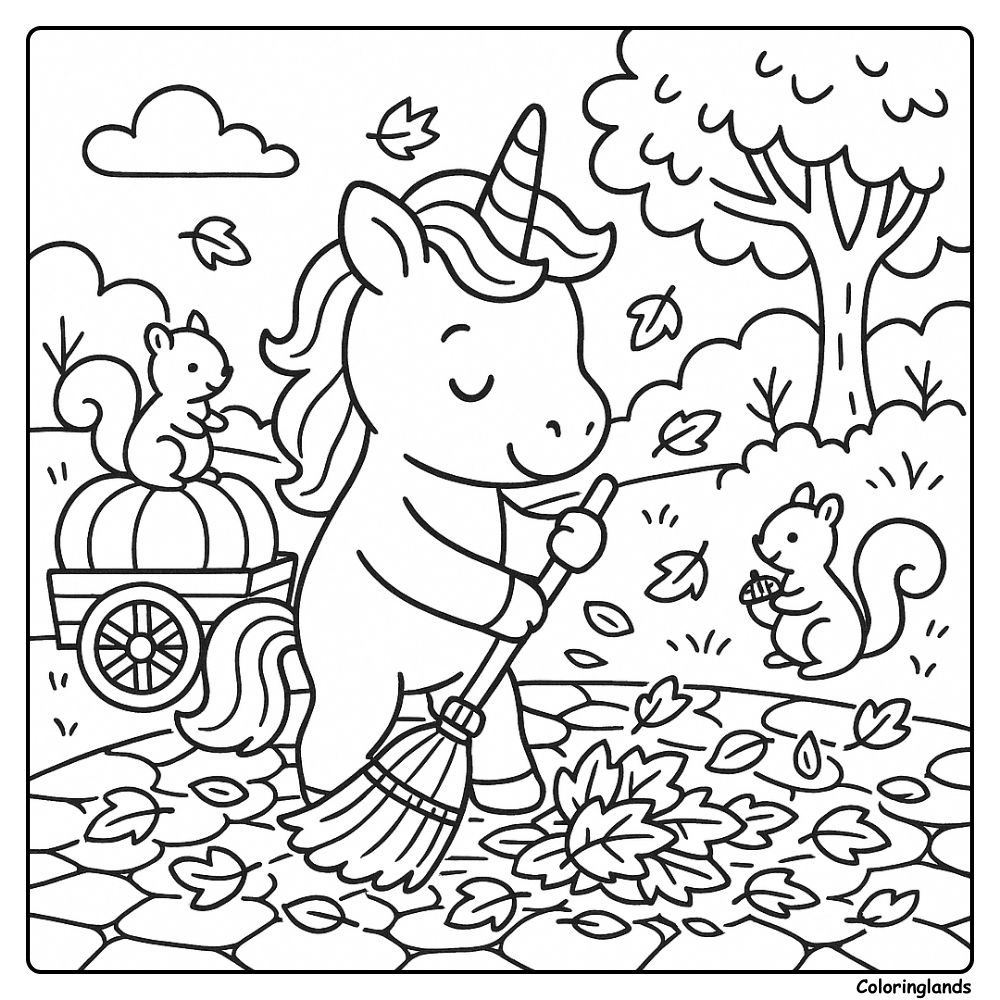 Une licorne balaie un chemin de pierre pendant que ses amis cachent des glands